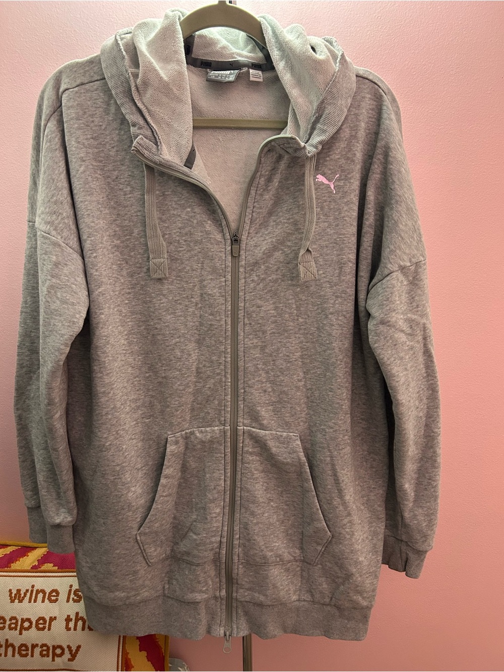 Puma Women's Light Gray Full-Zip Hoodie with Pink Logo